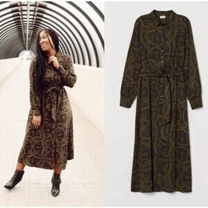 Richard Allan x H&M Shirt Dress Brown Green Printed Pattern Dress Women’s Sz 6